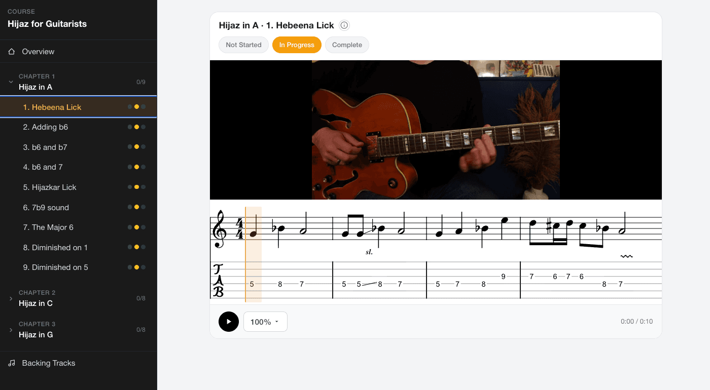 The Guitar Tactics lesson player: Rami's video with synced notation and tab